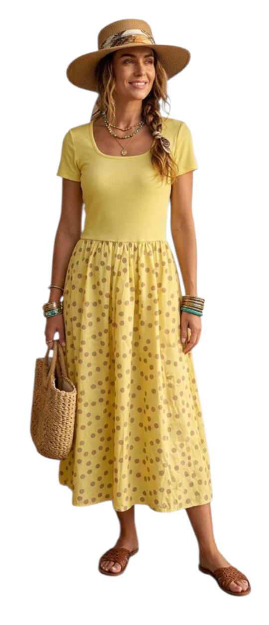 All in one short sleeve polka dress in cream, lemon and pink