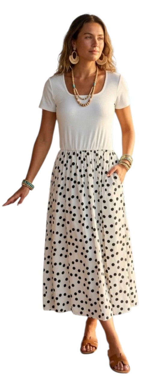 All in one short sleeve polka dress in cream, lemon and pink