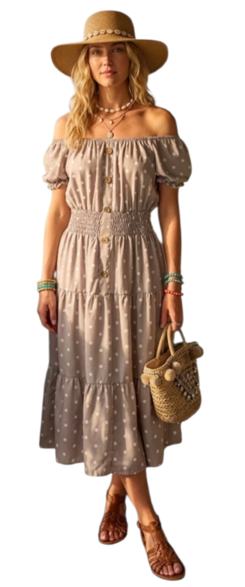 Short sleeve button through tiered spot dress in five colours