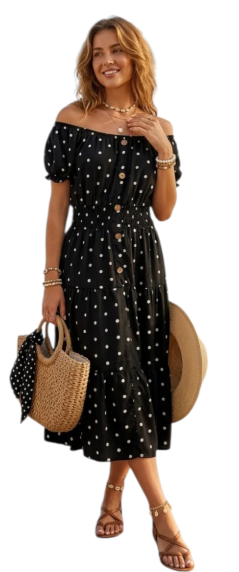 Short sleeve button through tiered spot dress in five colours