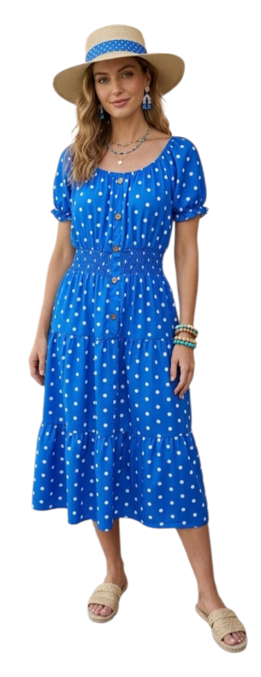Short sleeve button through tiered spot dress in five colours