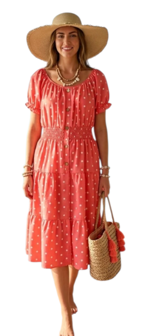 Short sleeve button through tiered spot dress in five colours