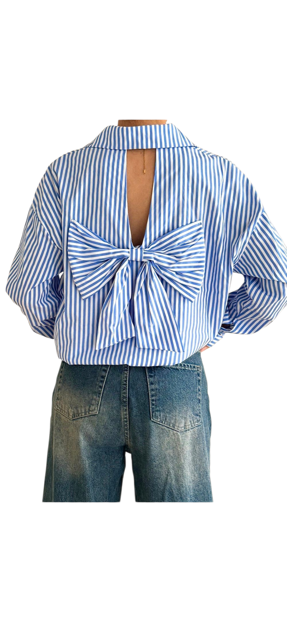 Bow back striped shirt in dark blue, light blue, green and pink
