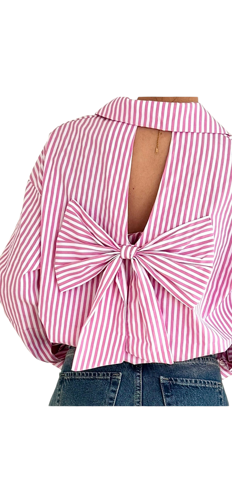 Bow back striped shirt in dark blue, light blue, green and pink