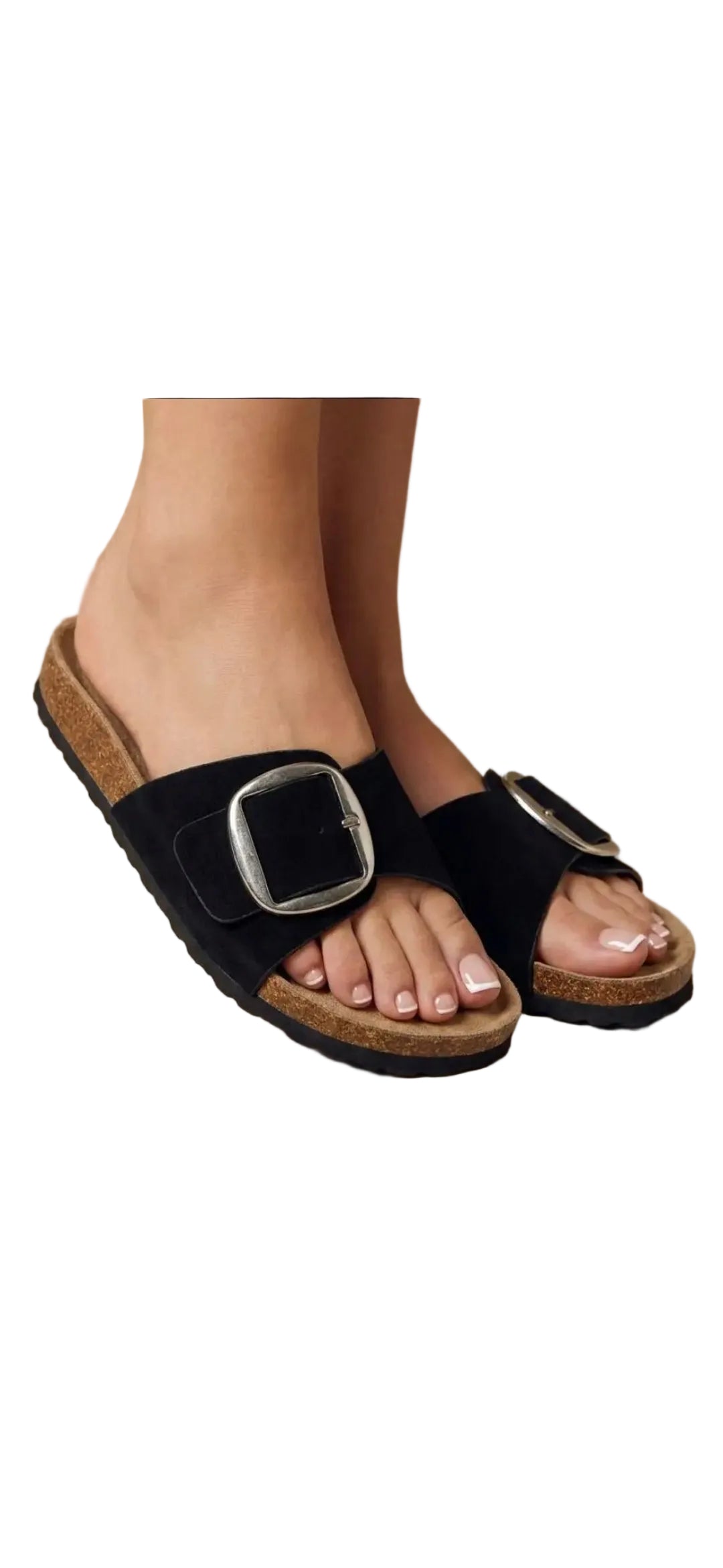 Black suede effect slider with silver buckle