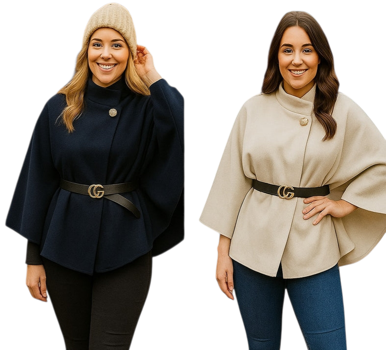 Cape with chunky black belt in camel, cream and navy