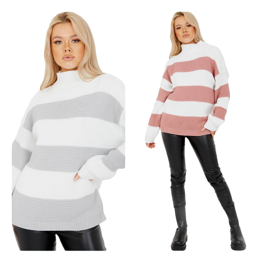 Chunky grey/white or rose gold/white striped jumpers high neck