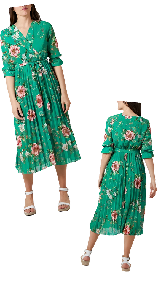 Floral print green pleated dress