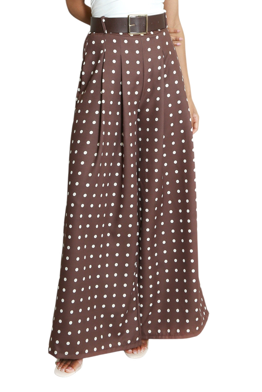 Polka dot trousers with brown belt in cream, brown and black