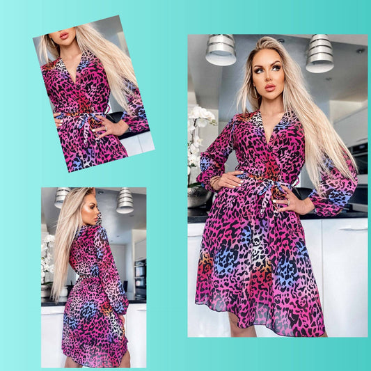 Coloured animal print layered wrap dress