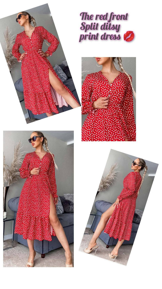 Red front split floral print dress