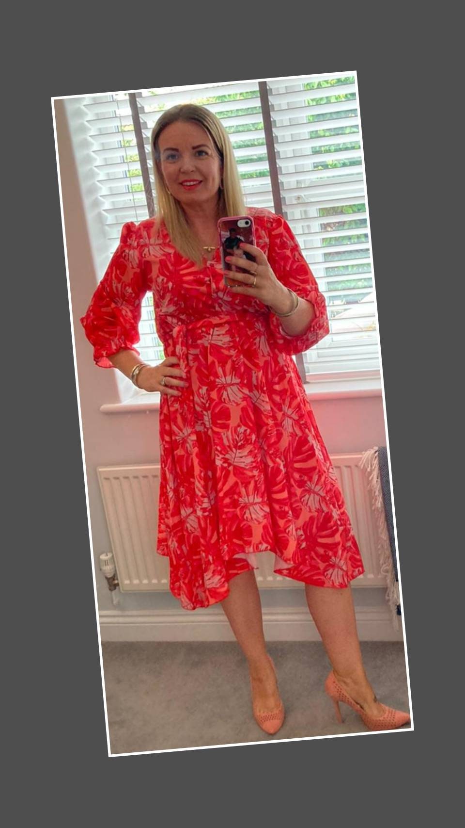 Coral, pink and grey floral print dress