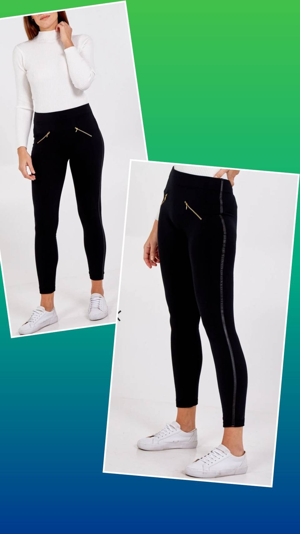 Black fleece lined leggings with gold zip detail