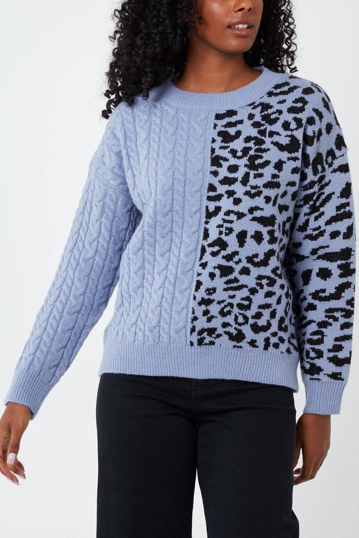 Soft chunky leopard print knitwear in blue, pink or cream