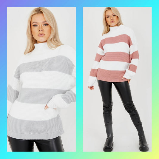 Chunky grey/white or rose gold/white striped jumpers high neck