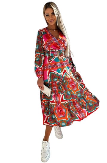 Satin wrap vibrant Sally dress with belt