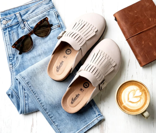 Suede effect fringe mule in stone