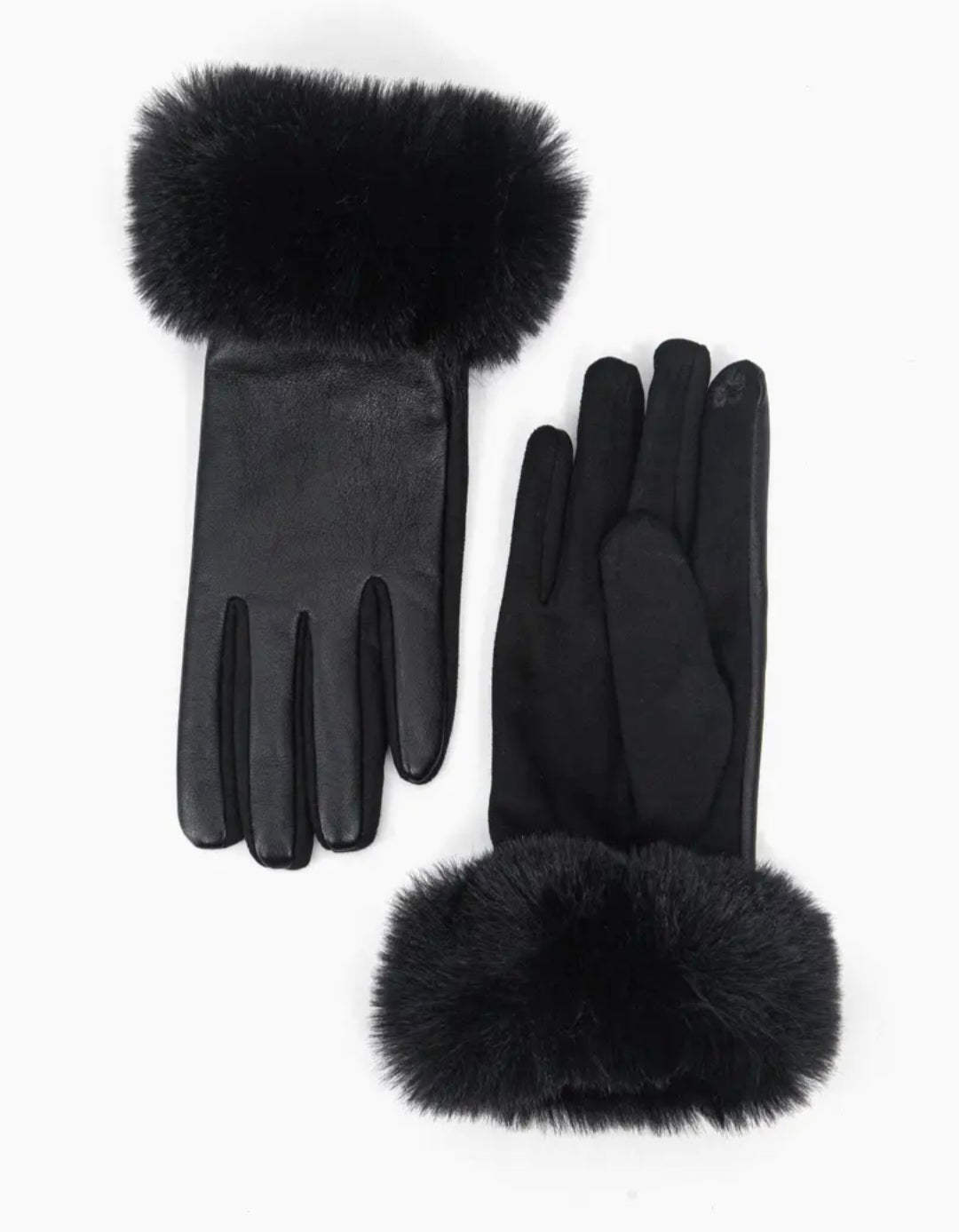 Black faux leather fur trim gloves