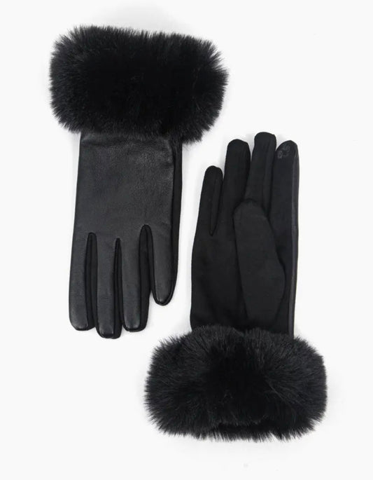 Black faux leather fur trim gloves