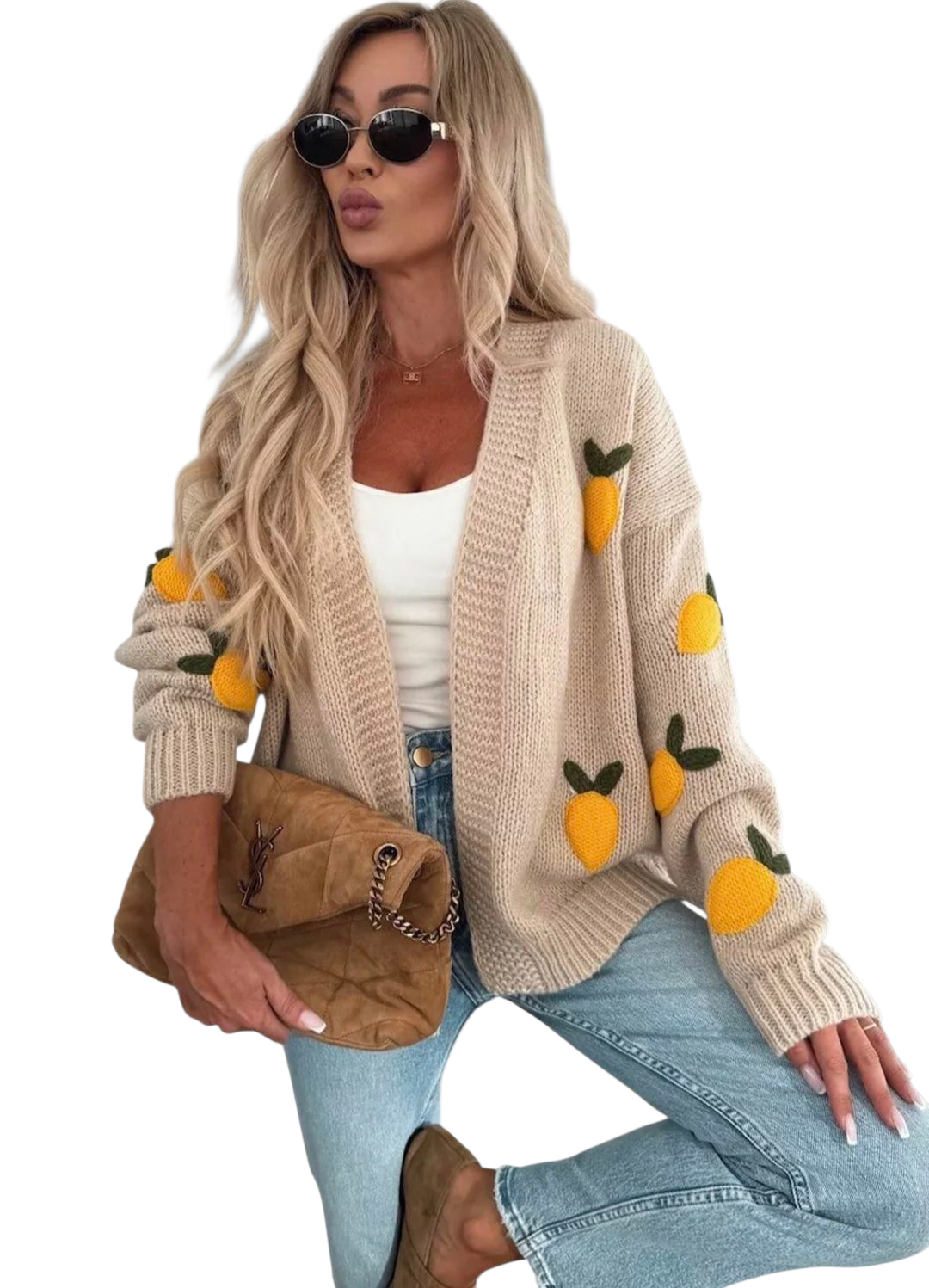 Lemon applique embroidered cardigan in cream and stone