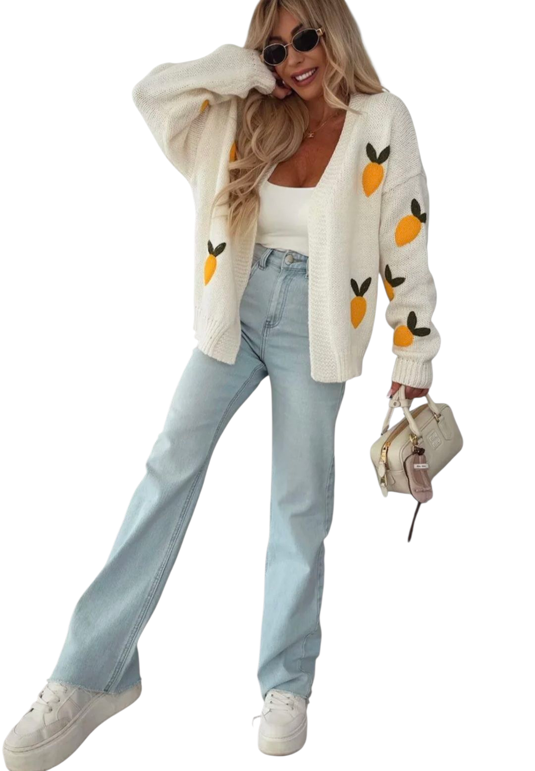 Lemon applique embroidered cardigan in cream and stone