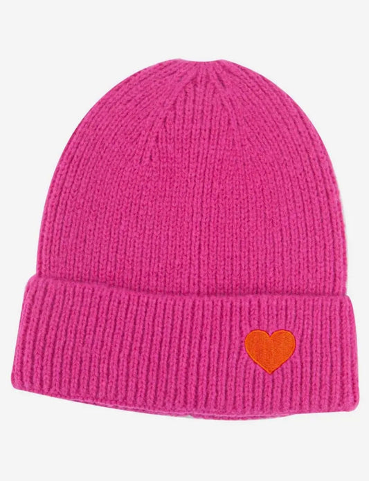 Pink hat with orange heart.