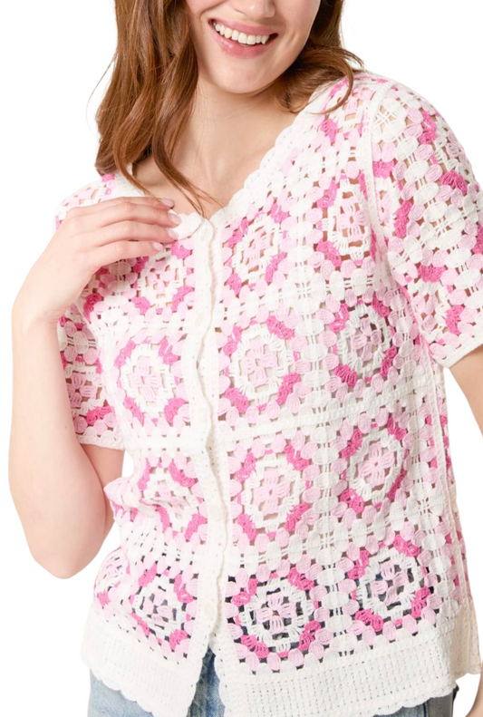 Crochet cardigan in pink and white