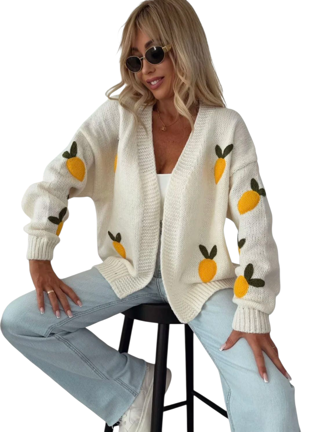 Lemon applique embroidered cardigan in cream and stone