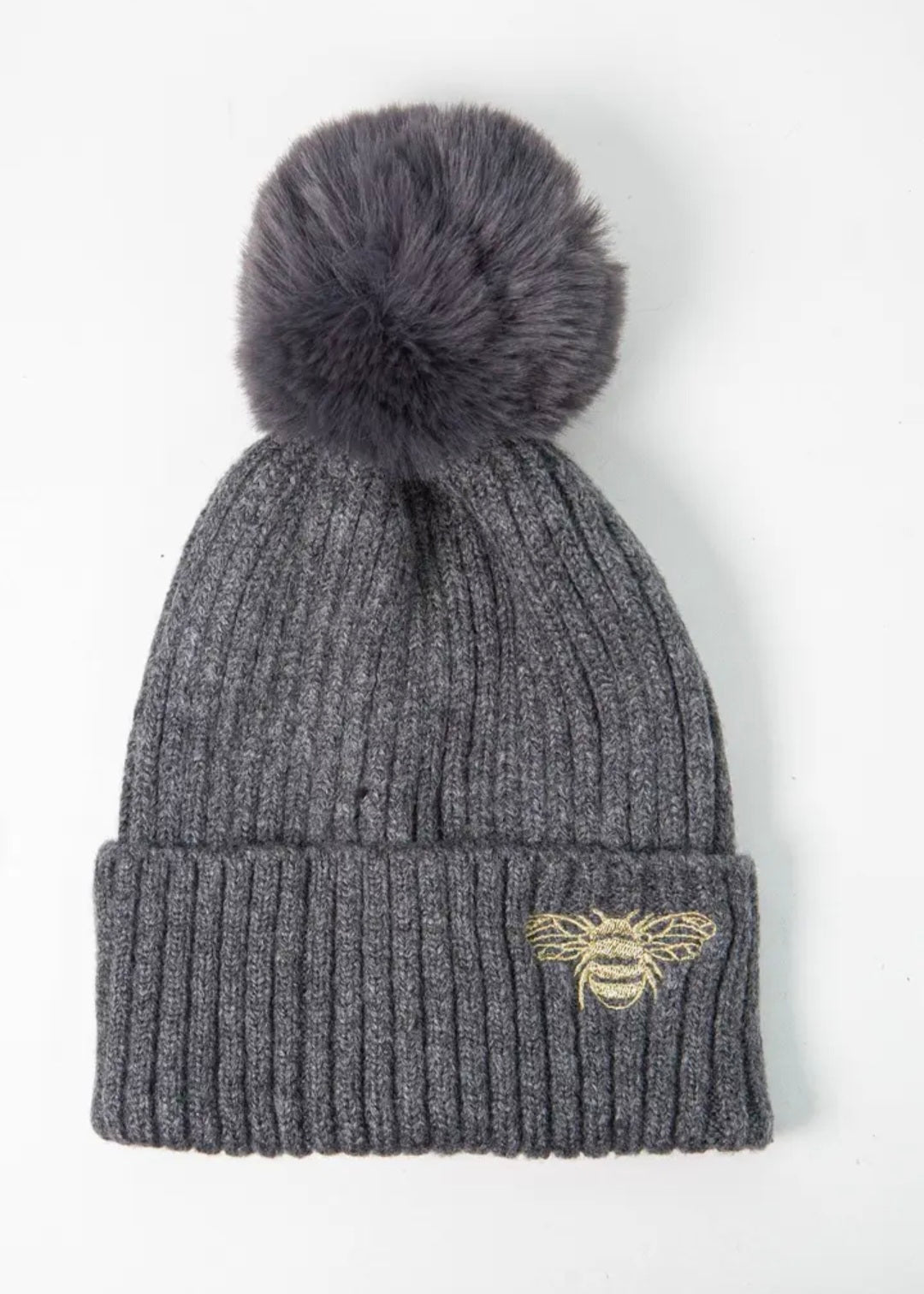 Bumble bee bobble hat in grey, khaki and black