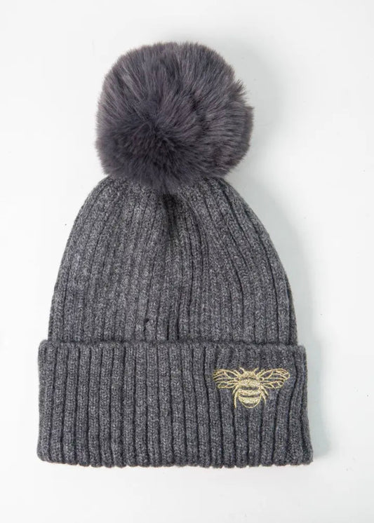 Bumble bee bobble hat in grey, khaki and black
