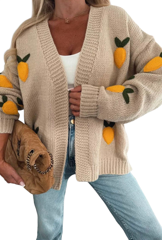 Lemon applique embroidered cardigan in cream and stone