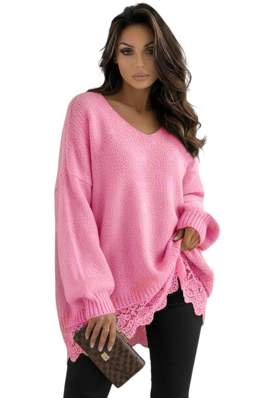 Lace hem oversized v-neck jumper in stone, brown, pale pink and pale blue