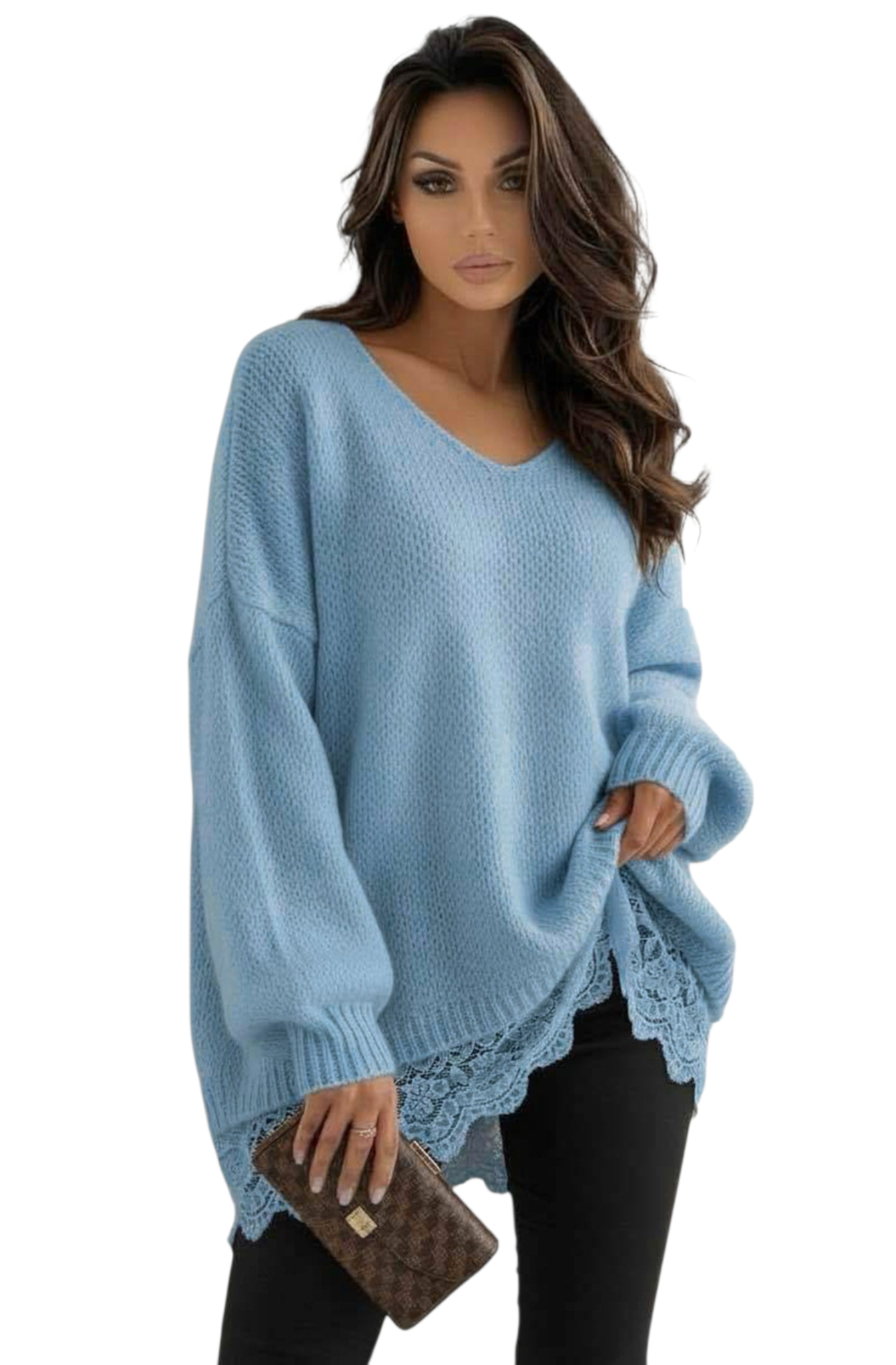 Lace hem oversized v-neck jumper in stone, brown, pale pink and pale blue