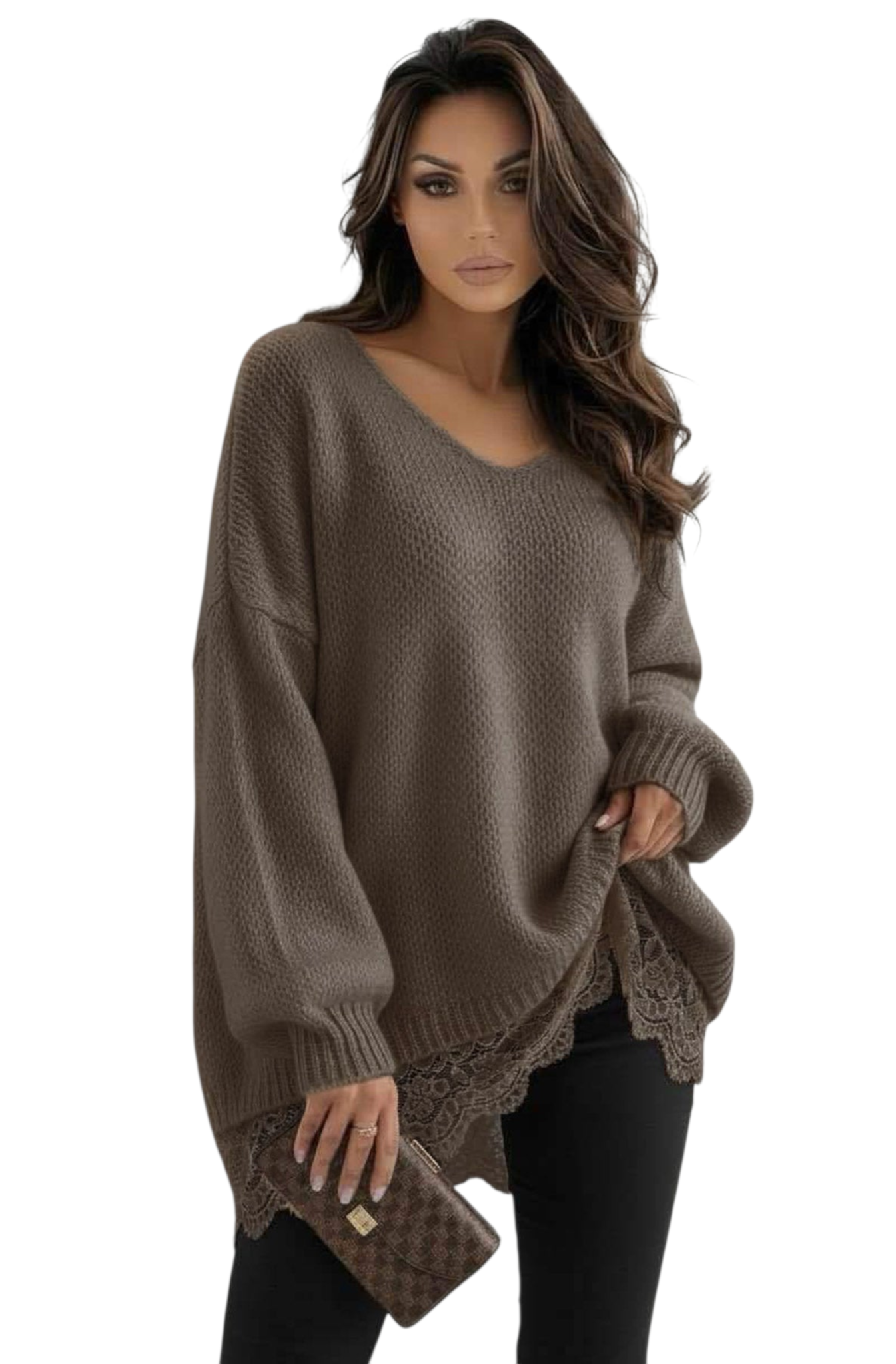 Lace hem oversized v-neck jumper in stone, brown, pale pink and pale blue