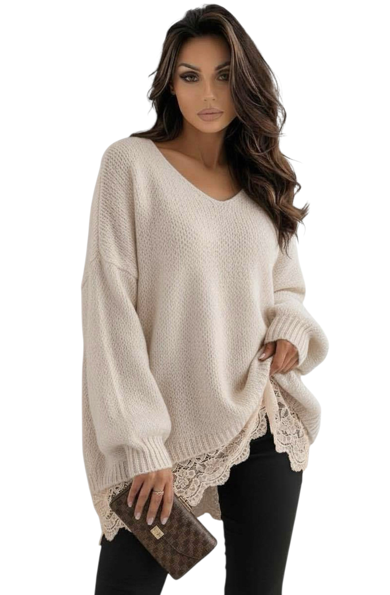 Lace hem oversized v-neck jumper in stone, brown, pale pink and pale blue