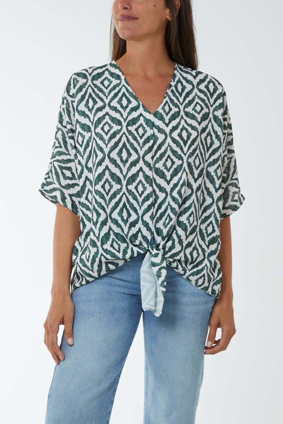 Tie front geo print top