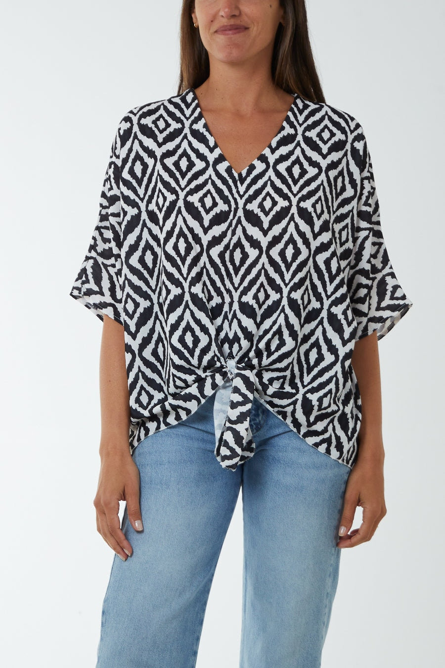 Tie front geo print top